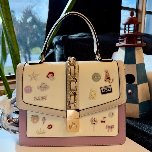 Aldo Handbags - ALDO Cream and Purple Satchel with Gold Accents